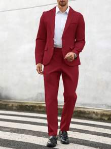 Men's Solid Color Long Sleeve Suit Jacket And Zipper Pants Business Suit Set - Red - View 4