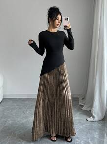 Selianne 优雅女士拼色褶皱圆领长袖连衣裙长款女士服装 - 黑色 - 查看 5