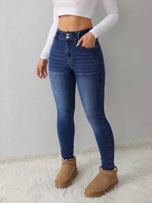 SHEIN Tall CURVE Roupas Plus Size para Outono, Inverno, Halloween, Natal, Streetwear, Casual Elegante, Estilo Country, Vintage, Modesto, Negócios Casuais, Roupas de Trabalho para Mulheres, Roupas de Professor, Roupas de Igreja para Mulheres, Denim Forrados Termicamente, Denim Skinny Azul com Bolsos, Denim Skinny de Cintura Alta com Stretch para Conforto Diário, Denim Skinny de Lavagem Escura Clássica, Perfeito para Looks Casuais e Noturno