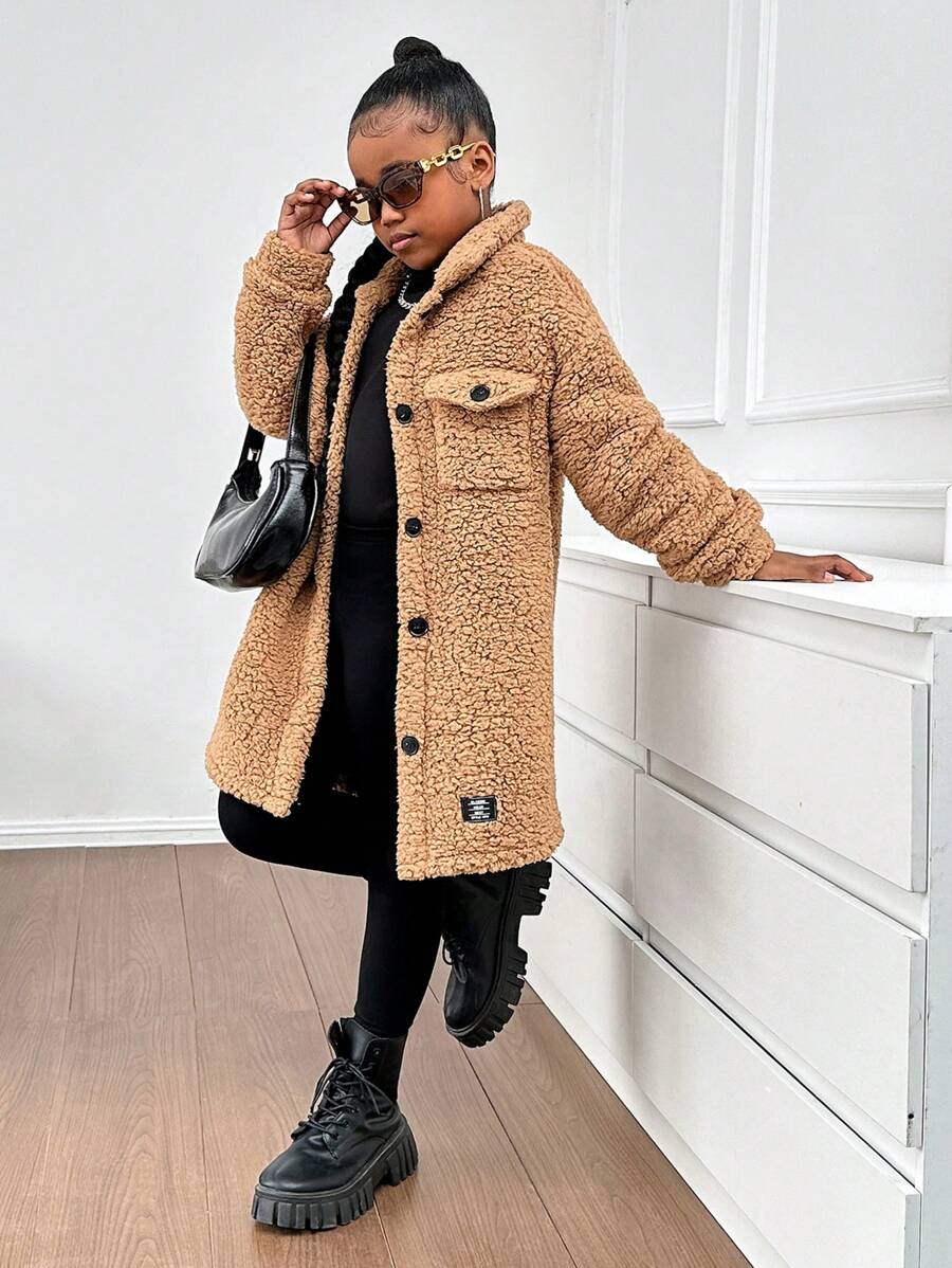 SHEIN SLAYR KIDS Tween Girl Warm Thermal Lined Lapel Pocket Button Front Mid-Length Cardigan, Autumn/Winter - Brown - View 1