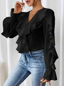 SHEIN Clasi Women Autumn Elegant Solid Color Ruffle Trim Collar & Cuff Blouse Fall Cloth For Women - Black - View 5