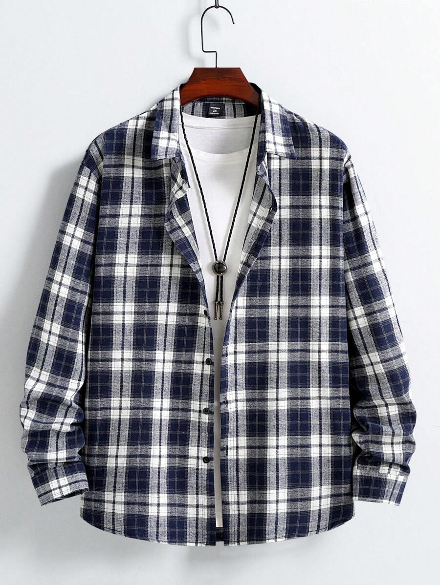 Manfinity Homme Camisa de franela de manga larga a cuadros informal de talla grande para hombre, otoño, para salir - Multicolor - Ver 1