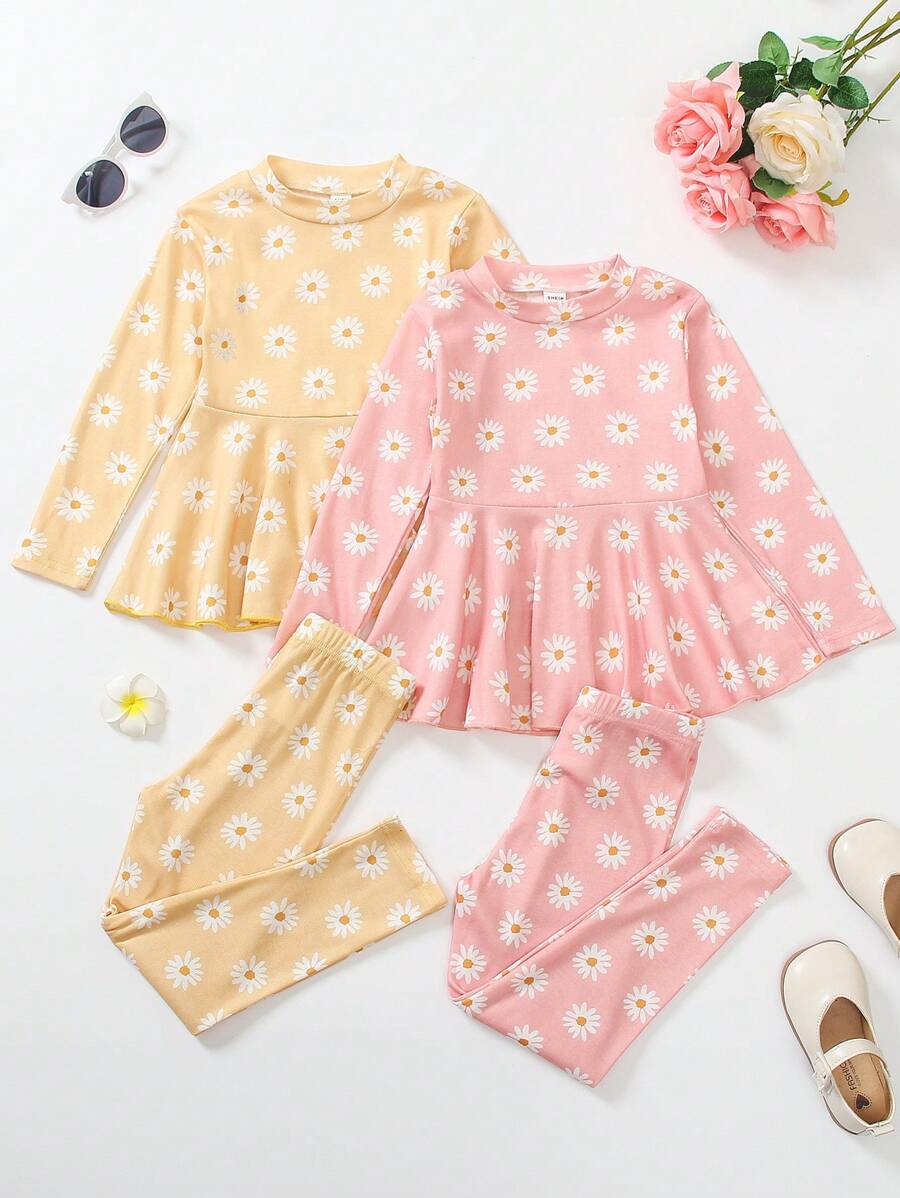 SHEIN 2pcs/Set Young Girl Floral Print Ruffle Hem Long Sleeve Top & Elastic Waist Pants - Multicolor - View 1