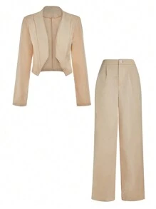 SHEIN Unity Casual Cinched Waist Blazer Jacket And Straight Fit Pants Set Fall Cloth For Women - Apricot - View 3