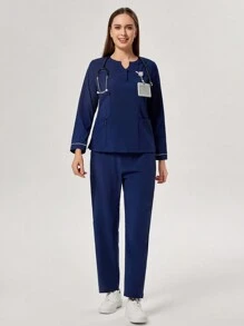 TaskEZ 1 套纯色长袖口袋简约磨砂上衣和裤子制服套装 - 藏蓝色 - 查看 4