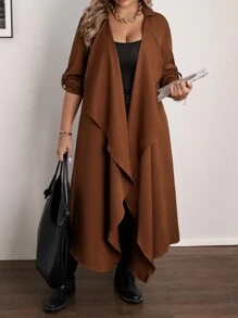 Flirla Plus Size Casual Waterfall Collar Long Coat - Brown - View 6