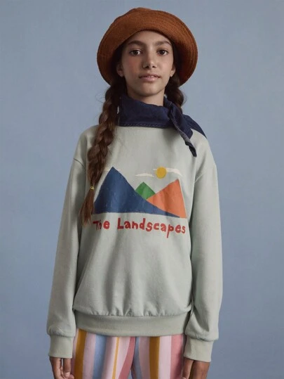 SHEIN 少女休闲落肩圆领山峦印花针织卫衣，适合秋冬季户外运动和日常穿着