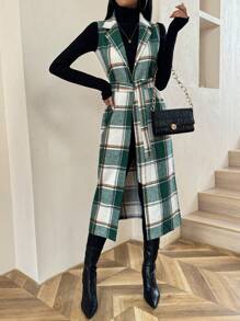 SHEIN Clasi Women's Spring Fall Plaid Lapel Sleeveless Long Casual Woolen Coat - Green - View 4