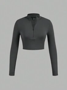 SHEIN EZwear Bộ 3 áo thun cổ lọ tay dài vải gân có khóa kéo cho nữ, phù hợp cho mùa xuân/thu - Nhiều màu - Xem 3