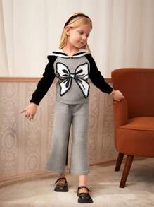 SHEIN Explorewe Young Girl Collared Bowknot Embroidered Contrast Color Raglan Sleeve Sweater And Straight Leg Pants Two-Piece Set - Multicolor - View 3