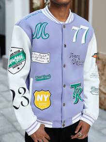 Manfinity EMRG 1pc Men's Solid Color Splicing Letter Print Front Button Casual Baseball Jacket - Multicolor - View 4