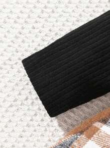 可爱甜美女婴黑色格子拼布针织长袖连体衣 + 头带，秋冬款 - 黑色 - 查看 7