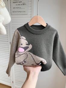 SHEIN 男婴可爱卡通熊图案圆领长袖毛衣，秋冬季休闲装 - 黑色 - 查看 4