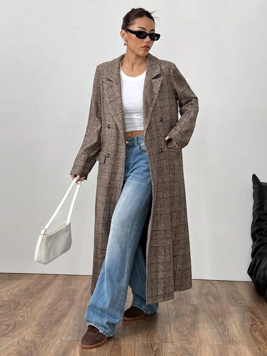 SHEIN Unity Casual Autumn/Winter Fleece Plaid Long Loose Double-Breasted Open Split Overcoat For Women - Coffee Brown - View 1