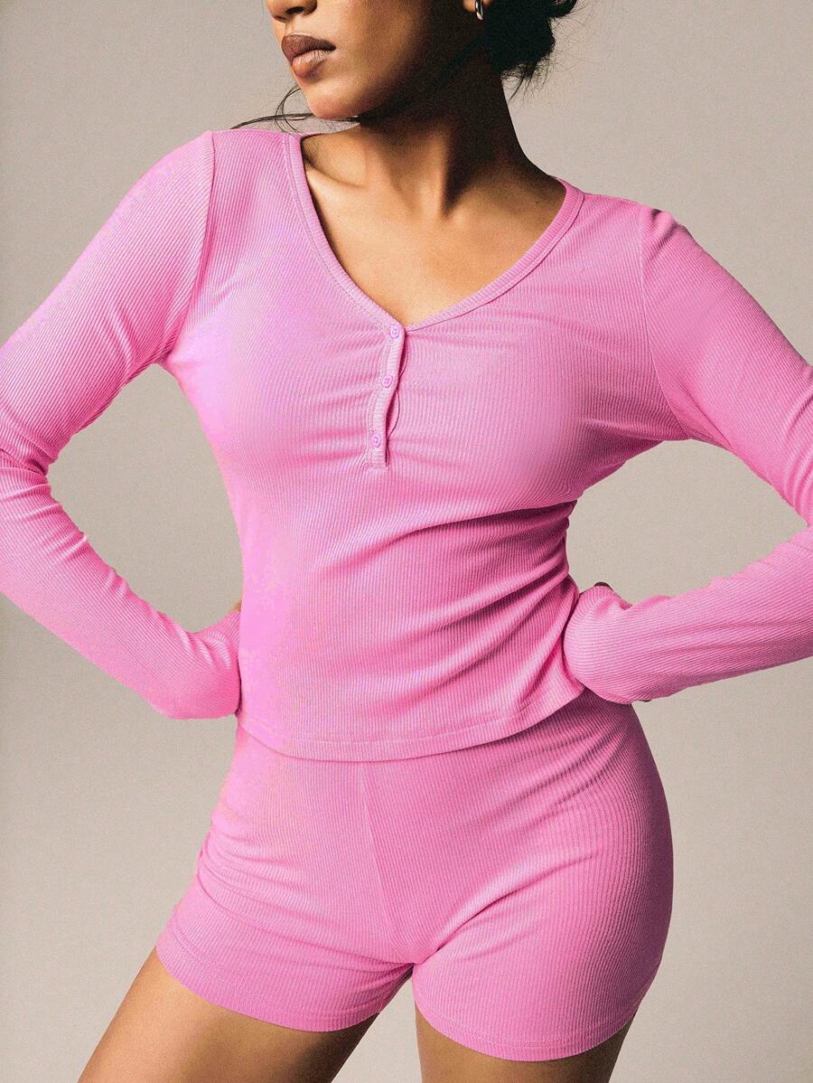 Athîral 2 件套女士休闲纯色纽扣修身长袖上衣和短裤套装，秋季