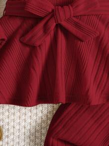 SHEIN 2 件套女婴纯色休闲针织弹力连帽上衣和裤子套装，秋冬 - 酒紅色 - 查看 4