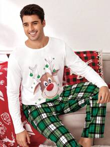 CoupledUp Christmas Couples Funny Cartoon Elk & Green/White Plaid Pattern Men Pajama Set - Green - View 7