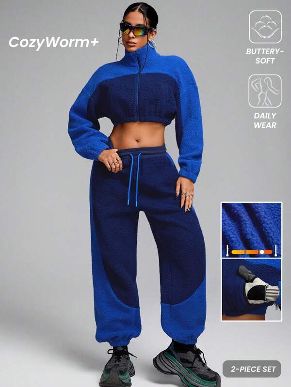 Innovista Conjunto de chándal de forro polar para mujer de 2 piezas - Chaqueta con cremallera de manga larga cálida y cómoda y pantalones de chándal, conjunto de ropa deportiva transpirable y elástica para otoño e invierno, entrenamiento, yoga, correr, HIIT, gimnasio, uso diario, chaqueta con cremallera y bolsillo para teléfono y tarjeta, dos piezas para yoga, ciclismo, HIIT, oficina