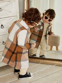 SHEIN Babygir 3 件套：黄色格纹休闲衬衫、纹理夹克、配套裤子，适合秋季和户外的保暖服装 - 卡其色 - 查看 2