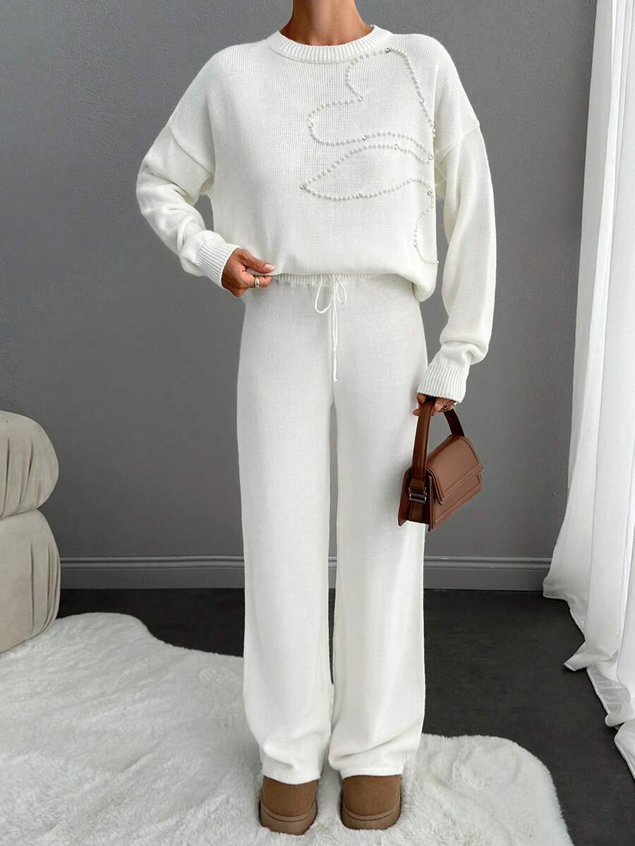 EURMUSE Elegant Crew Neck Drop Shoulder Floral Pattern Pearl Beaded Sweater & Wide Leg Plain Solid Sweater Pants 2 Piece Knit Set - White - View 1