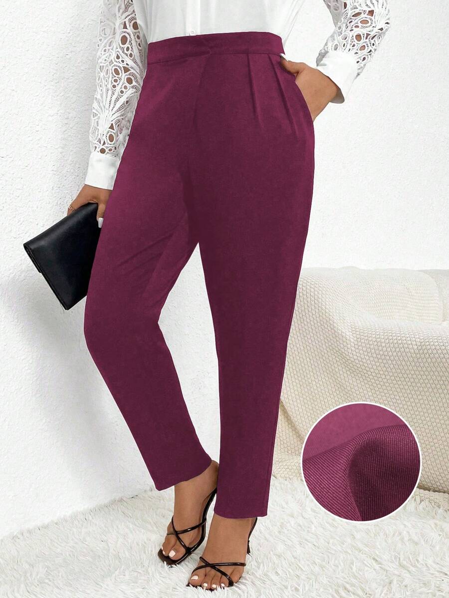 SHEIN Clasi Quần ống côn xếp ly màu trơn cỡ lớn thường ngày, mùa thu - Màu Đỏ Sâu - Xem 1