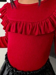 Baby Girl Red Ruffle Hem Ribbed Thick Thermal Lined Long Sleeve Top, Suitable For Winter And Christmas