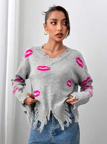 SHEIN SXY Winter Clothes Tassel Ripped Red Lips Pullover Sweater - Grey - View 5