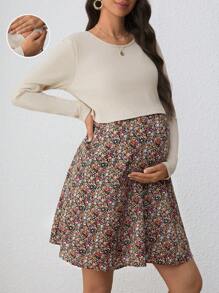 SHEIN 孕妇碎花圆领长袖休闲哺乳连衣裙，适合秋季 - 杏色 - 查看 1