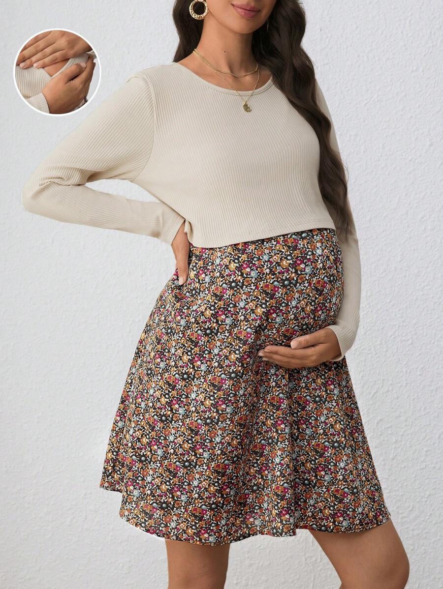 SHEIN 孕妇碎花圆领长袖休闲哺乳连衣裙，适合秋季 - 杏色 - 查看 1