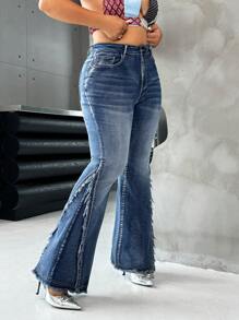 SHEIN ICON Quần jeans ống loe co giãn màu xanh dương cỡ lớn, kiểu dáng Y2K mùa thu đông, phong cách retro dành cho nữ. - Rửa trung bình - Xem 7