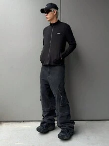 Manfinity VCAY 1 件男士 Y2K 趣味基本款休闲高街复古风格紧身运动保暖夹克秋季万圣节时尚简洁修身保暖厚款冬季 - 黑色 - 查看 2