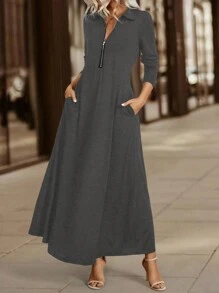SHEIN LUNE Women Autumn Long Sleeve Dress With Fold-Over Collar, Layering Style Maxi Women Outfit - Dark Grey - View 4