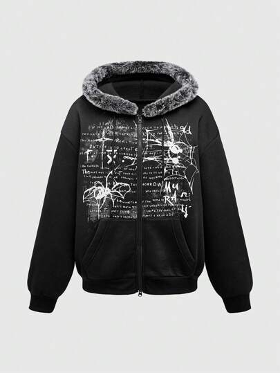 Grunge Punk Sweatshirt ample à col moelleux, imprimé de slogan d'araignée, patchwork, à double fermeture éclair devant, style vestimentaire décontracté Y2K streetwear, grande taille