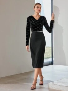 MOTF PREMIUM DOT PRINT VELVET BODICE COWL NECK MIDI DRESS - Black - View 6