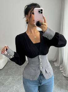 Elenzga Camicia elegante stile pendolare autunnale con vita a quadri - nero - Visualizzare 6