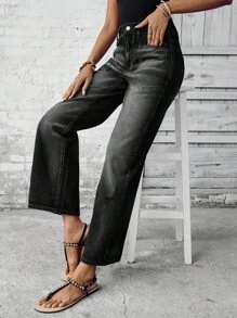 EMERY ROSE Vacation Casual Washed Retro Straight Leg Jeans - Black - View 6