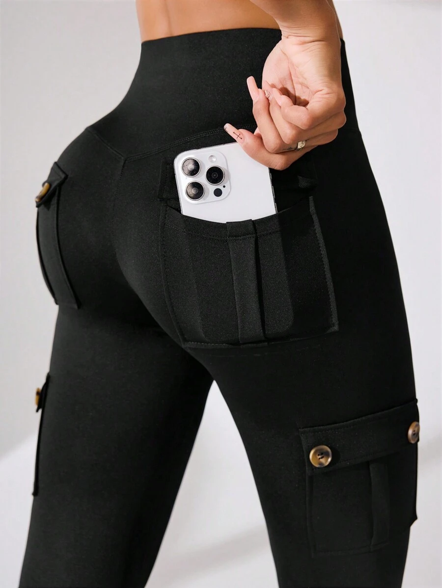 Easithlete Women's Solid Color Button Trim Casual Sports Leggings Yoga Pants - Black - View 1