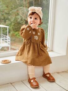 SHEIN Baby Girl Floral Embroidery Round Neck Lantern Sleeve Cute Doll Dress, Autumn - Rust Brown - View 4