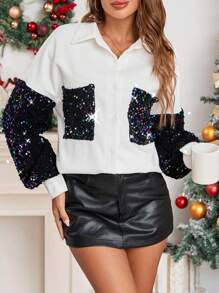 SHEIN Essnce Christmas Sequined Patchwork Shirt Jacket, White Top For Women, Sequined Jacket, Party Wear Loose Casual Shirt, Long-Sleeved Shirt, Christmas Shirt, Autumn Clothing