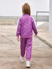 SHEIN Girls 2pcs Sporty Set - Purple Vintage Logo Hoodie Jacket & Comfortable Jogger Pants, Casual Sportswear Outfit For Young Girl