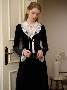 SHEIN Black Friday x Star Picks Simple Retro Polyester Lace Patchwork Belted Peter Pan Neck Long Dress - Black - View 3