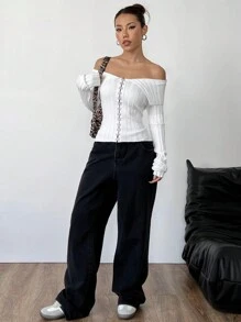EgrlEra 休闲纯色露肩修身毛衣，适合秋季和冬季穿着。 - 米色 - 查看 2