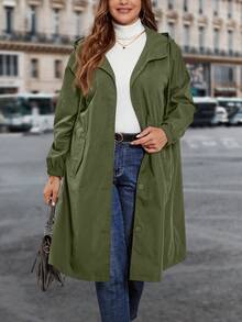 SHEIN Clasi Plus Size Casual Solid Color Loose Fit Front Button Hooded Trench Coat, Autumn