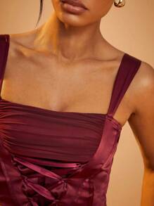 Hauture Satin Mesh Ribbon Lace Up Bustier Bow Top - Burgundy - View 3