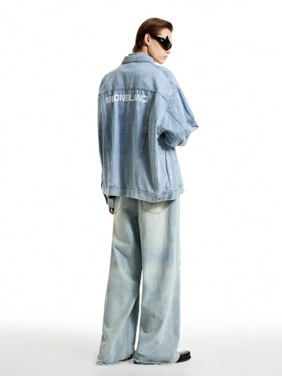 NEON BLANC Chaqueta de hombre de algodón de mezclilla azul de manga larga con ajuste holgado y estampado de letra reflectante