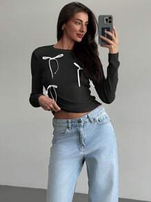 Aloruh Crew Neck Long Sleeve Basic Tee With Bow Ribbon Decor, For Autumn/Winter