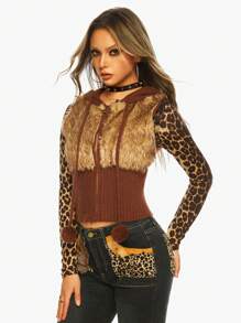 ROMWE J-Fashion Y2K 秋冬 Shibuya Gyaru 毛绒撞色毛绒开衫背心 女款