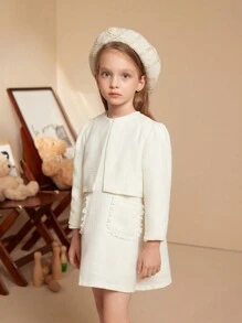 PrepCrw Young Girls' Solid Color Round Neck Button Up Elegant Long Sleeve Coat - White - View 7