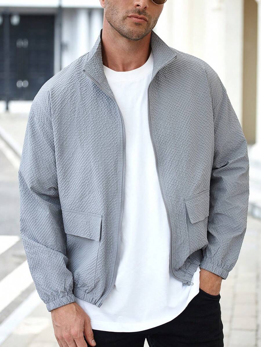 Manfinity Homme Áo khoác dài tay cổ đứng màu trơn có khóa kéo thường ngày - Màu Xám nhạt - Xem 1