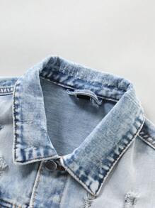 Manfinity Homme 男士秋季落肩长袖破洞宽松休闲牛仔夹克 - 中等水洗藍 - 查看 6